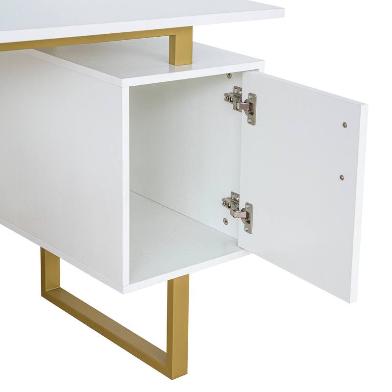 Sleek White Desk with Gold Metal Legs, Storage Drawers, and Cable Management for Modern Home Offices