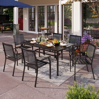 PHI VILLA 7-Piece Patio Dining Set Metal E-coating of 6 Upgraded Back Pattern Chairs & 1 Umbrella Hole Metal Table