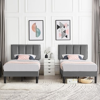 Kids Bed Frame, Height Adjustable Upholstered Bed, Twin Size Bed Set of 2