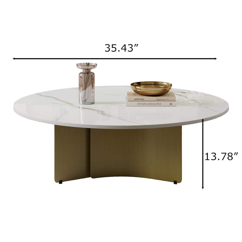 35.43" Modern Round Coffee Table, White Glossy Sintered Stone Table top, Stainless Steel Legs