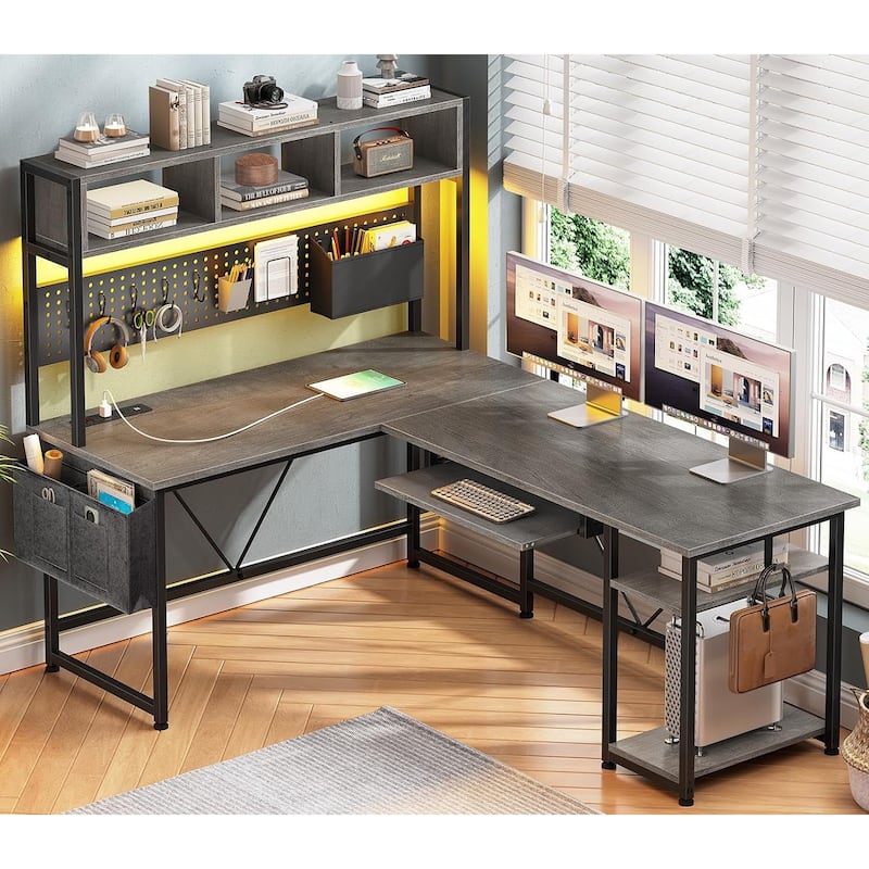 L Shaped Gaming Desk Computer Desk Corner Desk Pegboard Power Outlet -  57.5"W - Grey