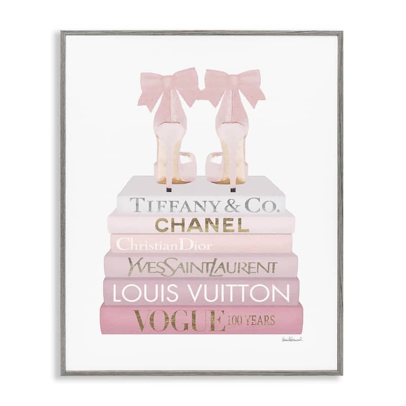 Stupell Chic Pink Bow Shoes Glam Fashion Bookstack Framed Wall Art - 11 x 14 - Grey
