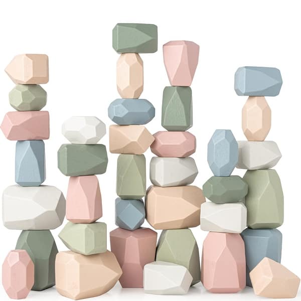 slide 2 of 28, Stacking Rocks, 36 pcs Wooden Stacking Stones by Comfy Cubs Neutral Pack