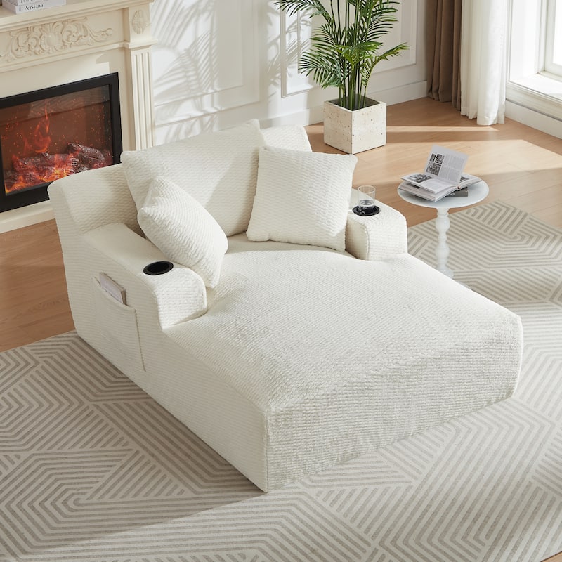 Comfy Sleeper Sofa Single Chaise Lounge w/ Cup Holders & Side Pockets - Cream