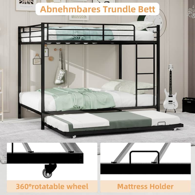 Metal Bunk Bed with Trundle and Safety Rails Modern Minimalist Design for Kids Guest or Shared Rooms