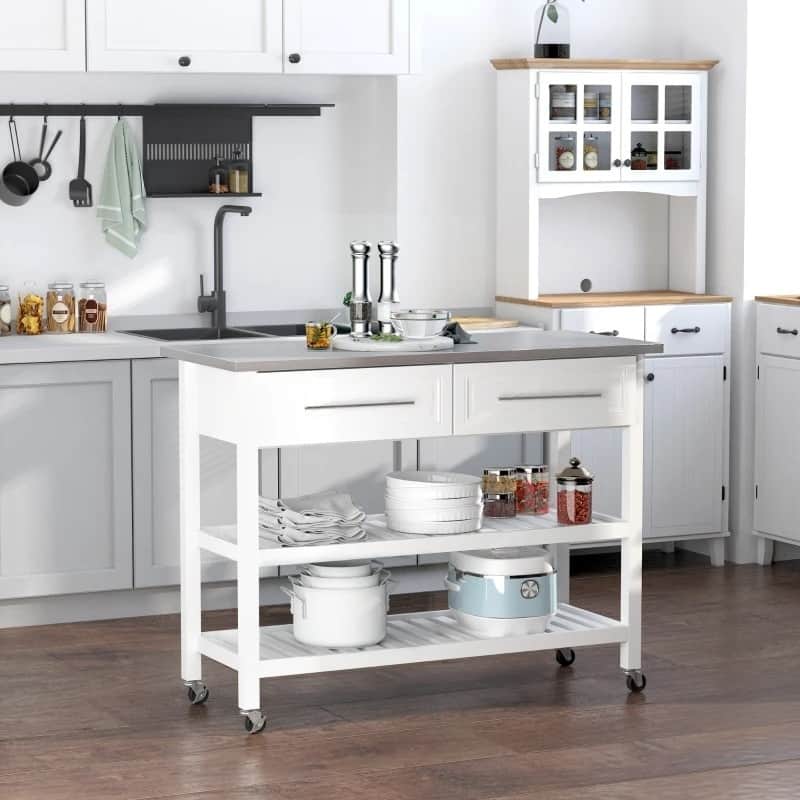 White Rolling Kitchen Island 2 Drawers Storage with Stainless Steel Top - 47.25"L x 19.75"W x 36 "H