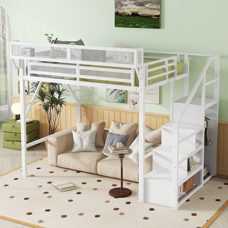 Full Size Loft Bed with Stairs, Metal Full Loft Bed with Storage Shelves, High Loft Bed with Wardrobe for Kids Teens