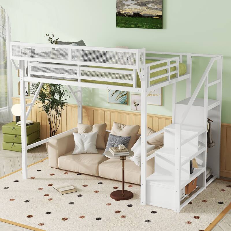 Heavy Duty Metal Storage Loft Bed with Bedside Shelf and Under Bed Storage, Iron High Loftbed Frame with Built In Wardrobe