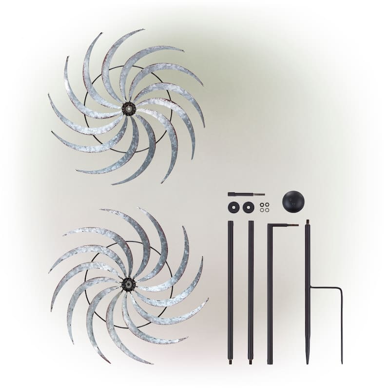 Alpine Corporation 58" Tall Outdoor Galvanized Metal Dual Windmill Spinner Stake Yard Decoration, Silver