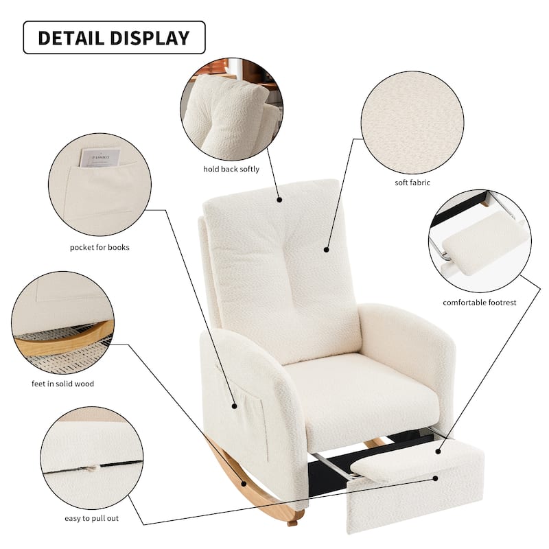 Comfortable Rocking Chair with Footrest and High Back, Made of Rubber Wood and Upholstered for a Cozy Sitting Experience.