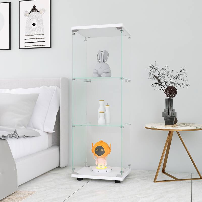 One-Door Glass Display Cabinet with 3 Shelves, Floor Standing Curio Bookshelf with Tempered Glass for Living Room Bedroom Office