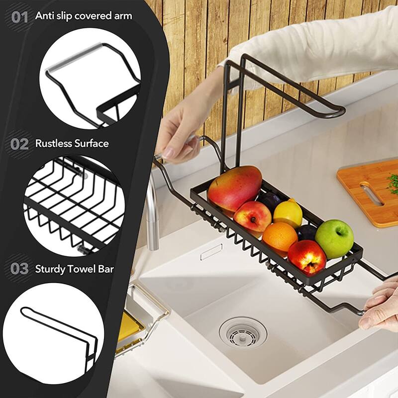 Sponge Holder for Kitchen Sink Caddy, Expandable Sink Organizer Drying Rack