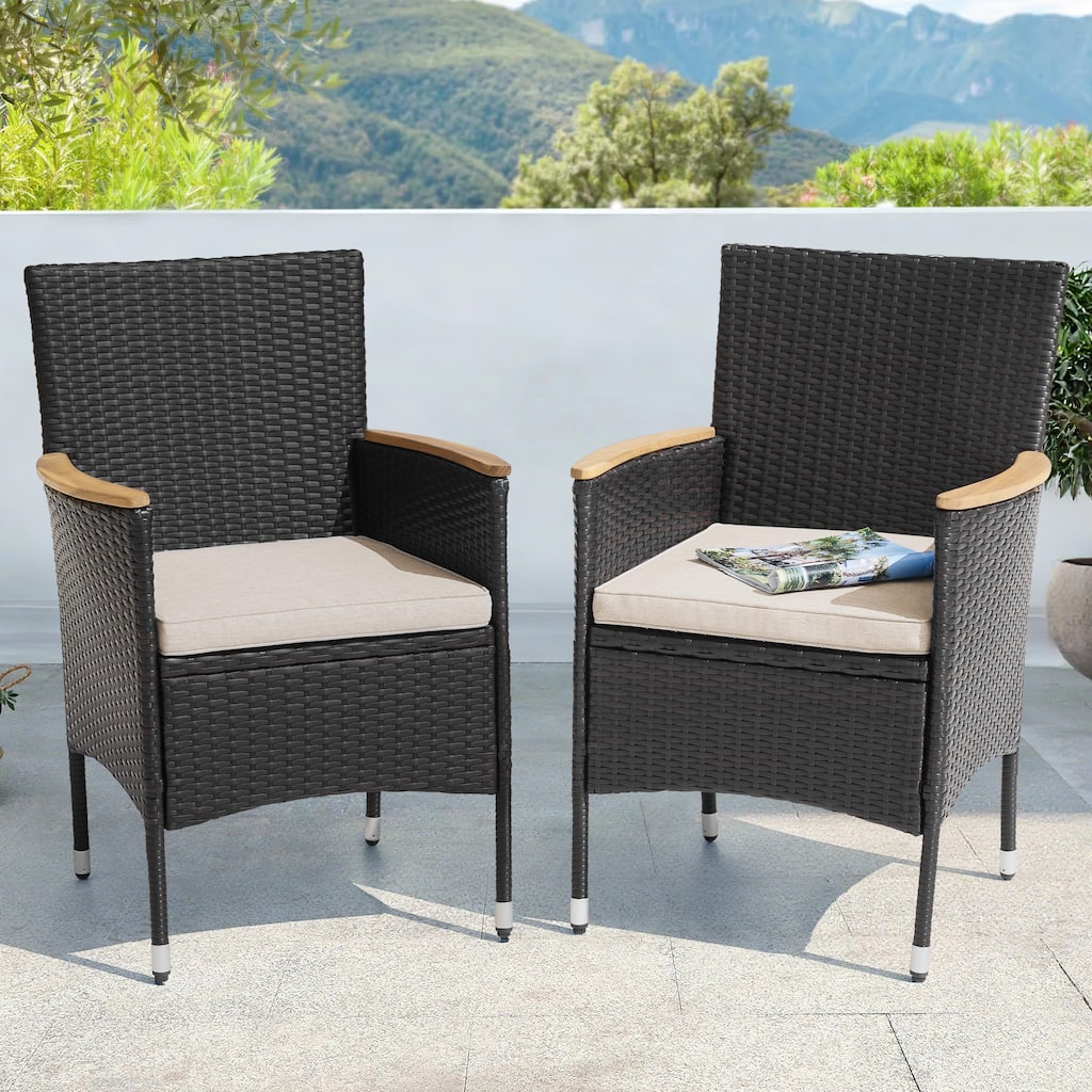 All Weather Wicker Patio Chairs Set of 2 with Cushions, Acacia Armrests