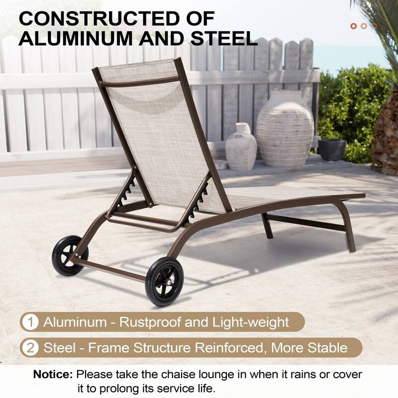 Outdoor Chaise Lounges and Side Table, Patio Lounger with Wheels 3-Piece Set - See Picture