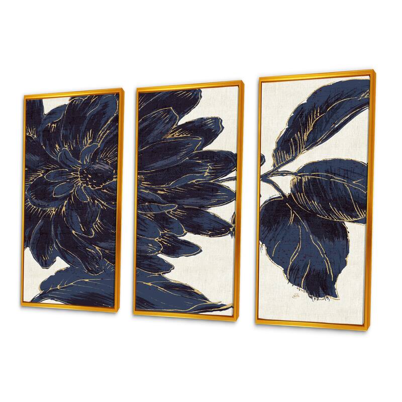 Designart "Indigo Golden Flower" Traditional Framed Art Prints Set of 3