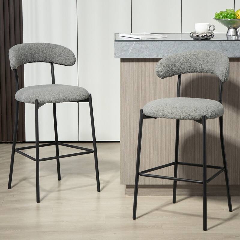 1 Count 26" Teddy Fabric Counter Height Bar Stool with Footrest, Black Powder-Coated Base - Grey
