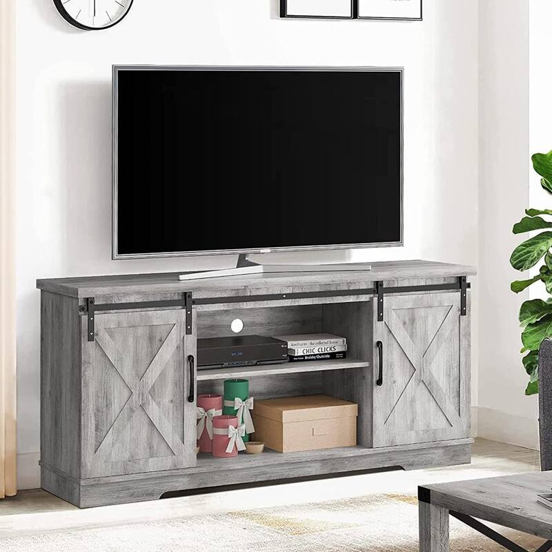 TV Stand for 65" TV with Barn Doors, Storage and Shelves