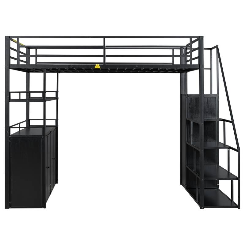 Full Size Metal Loft Bed with Storage Staircase, Wardrobe, Shelves and Lockers