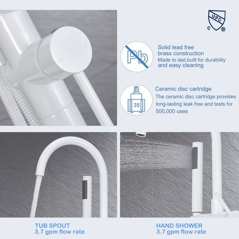 45''H White / Gold Freestanding Bathtub Faucet with Handheld Sprayer