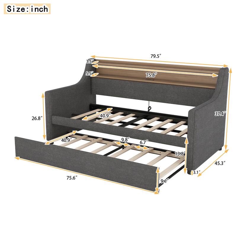 Twin Size PU Leather Upholstered Daybed with Trundle,Charging Station and LED Lights