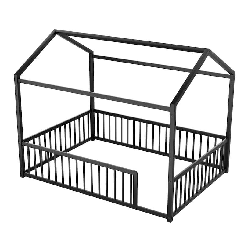 Montessori Metal House Bed with Low Entry & 3-Side Fence by Harper&Bright Designs