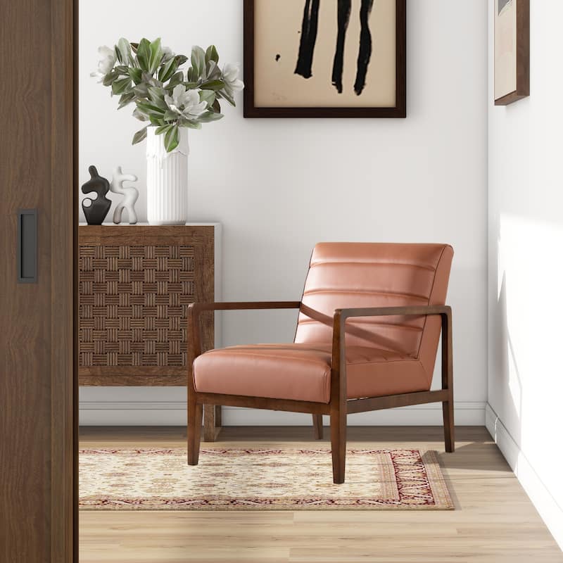 Kenneth 28" Mid-Century Modern Top Grain Leather Wood Arm Accent Chair