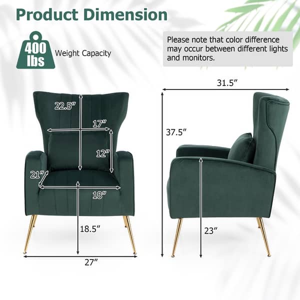 dimension image slide 1 of 4, Costway Velvet Upholstered Wingback Chair with Lumbar Pillow & Golden - See Details