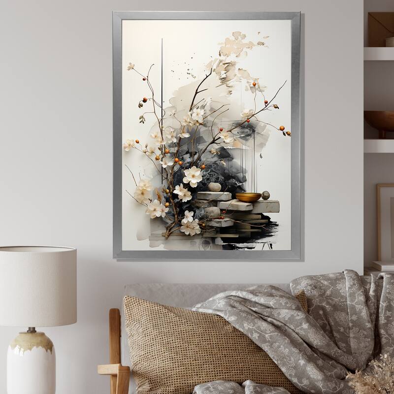 Designart "Asian Art Classics Sumi III" Asian Art Framed Wall Art Living Room - 24 in. wide x 32 in. high - Silver
