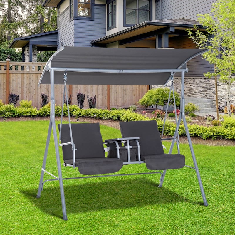 2-Seat Patio Swing Chair Outdoor Canopy Swing Glider with Pivot Storage Table