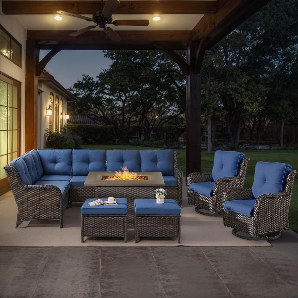 Gymojoy 6-Piece Outdoor Wicker Patio Furniture with Fire Pit and L-shaped Sectional Sofa, Coversation Set with Thick Cushions