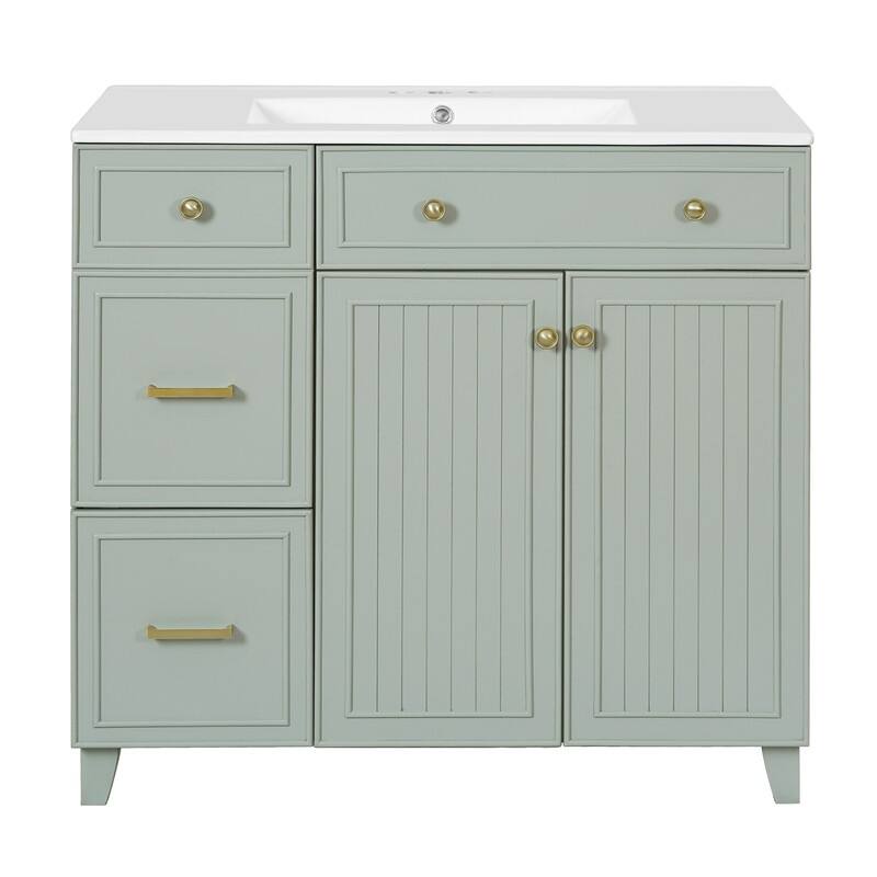 Transitional Style 36-inch Bathroom Vanity with Ceramic Sink, 2 Soft-Close Doors Freestanding Cabinet with 2 Drawers