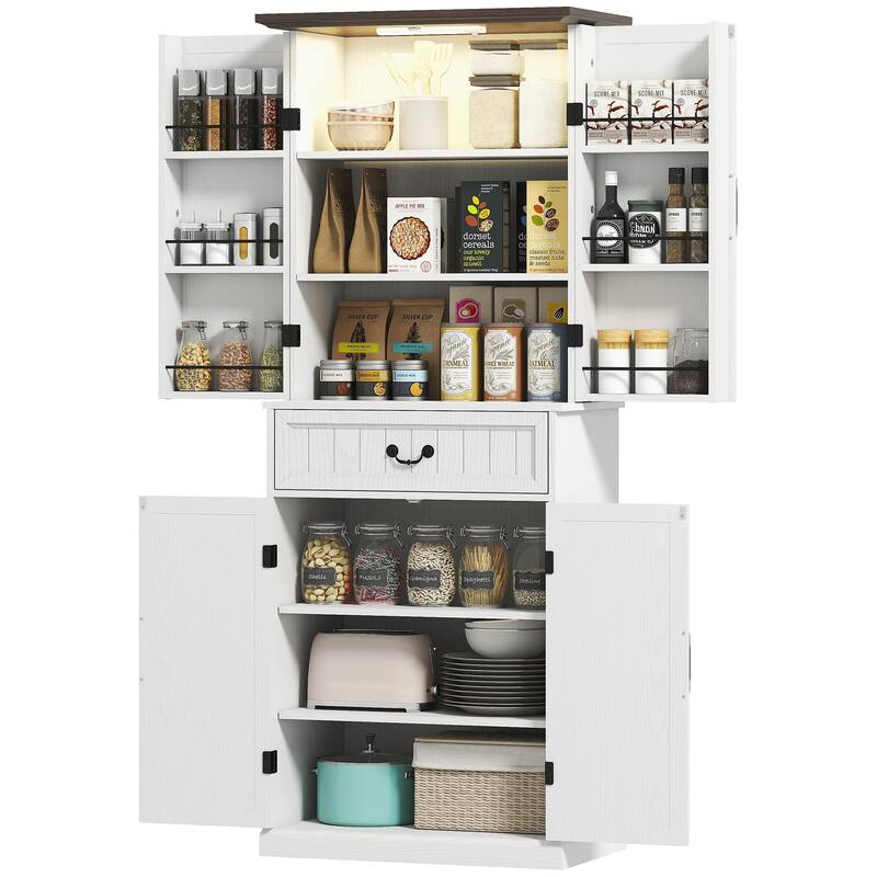 Farmhouse Style Kitchen Pantry Cabinet with Motion Sensor Light Adjustable Shelves and Spacious Storage
