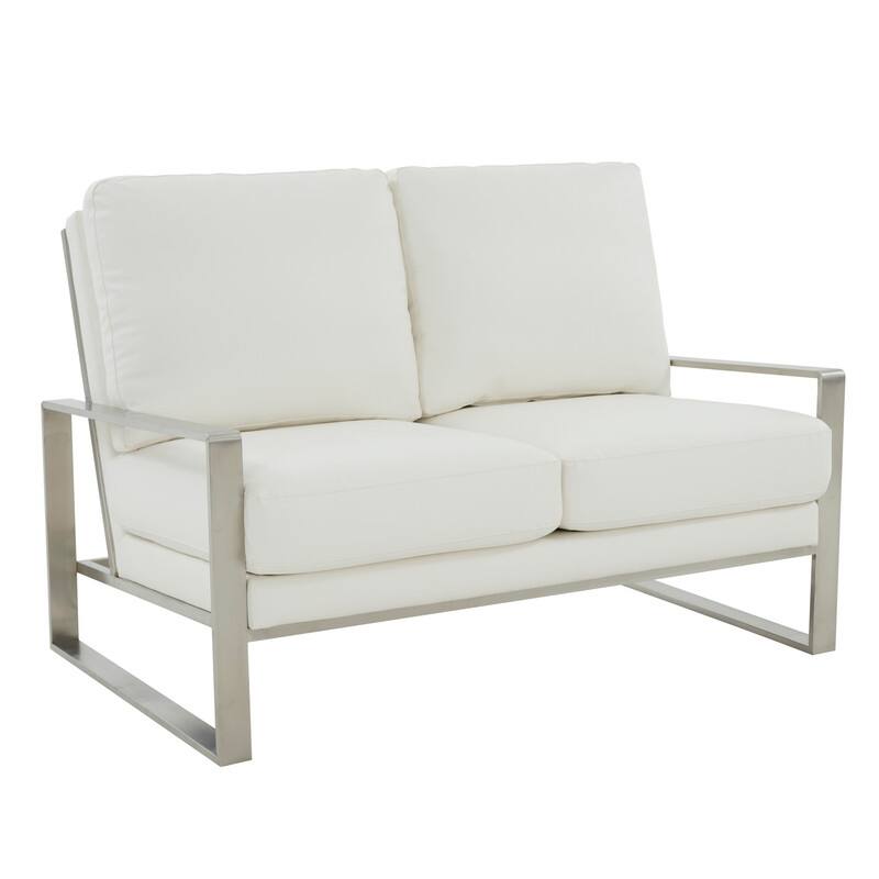 Jefferson Modern Leather Loveseat with Brushed Silver Stainless Steel Base, Removable Cushions, Sinuous Springs, Fully Assembled - White