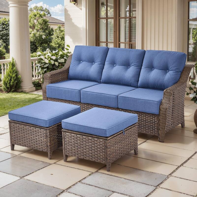 Outdoor Wicker Rattan Sofa Set for Garden - Brown Wicker & Blue Cushion - 3PCS Sofa with Ottoman
