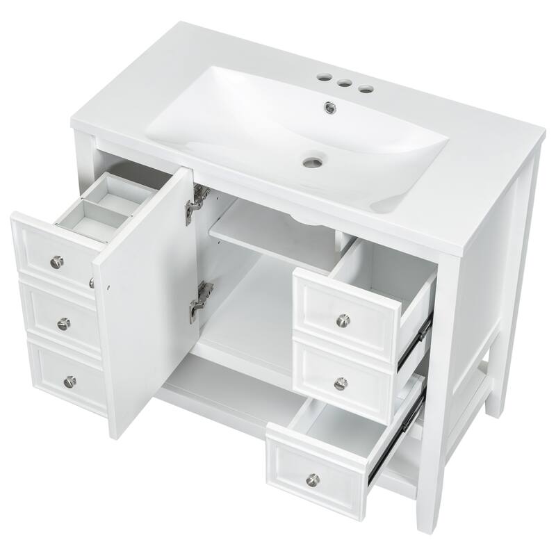 36" Bathroom Vanity w/ Ceramic Sink, 1 Cabinet, 3 Drawers - Solid Wood