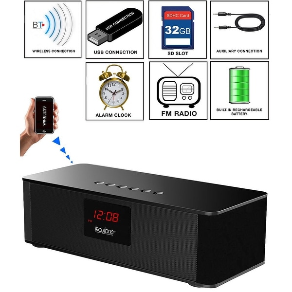 Boytone BT-87CR Bluetooth 4.1 Portable Alarm Clock Radio Wireless Speaker, Digital FM Tuning Built-in Rechargeable Battery, Mic,