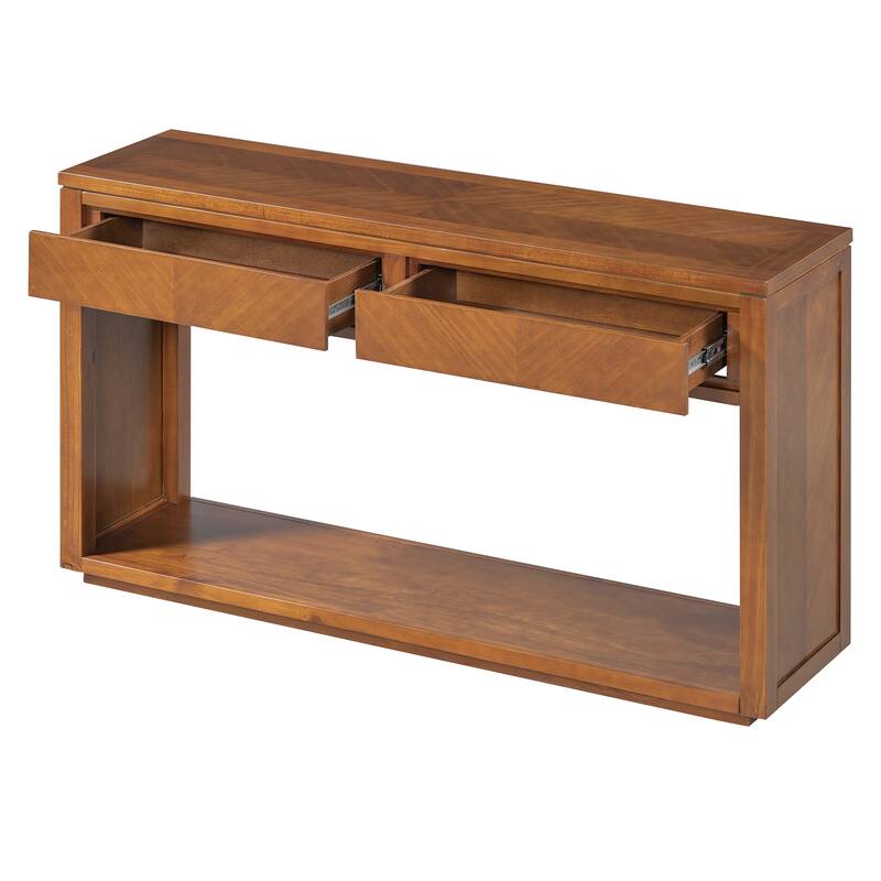 55" Console Table, Rustic Wooden Entryway Table Sofa Table with Storage Drawers and Open Storage Shelf, Hallway Tables Honey