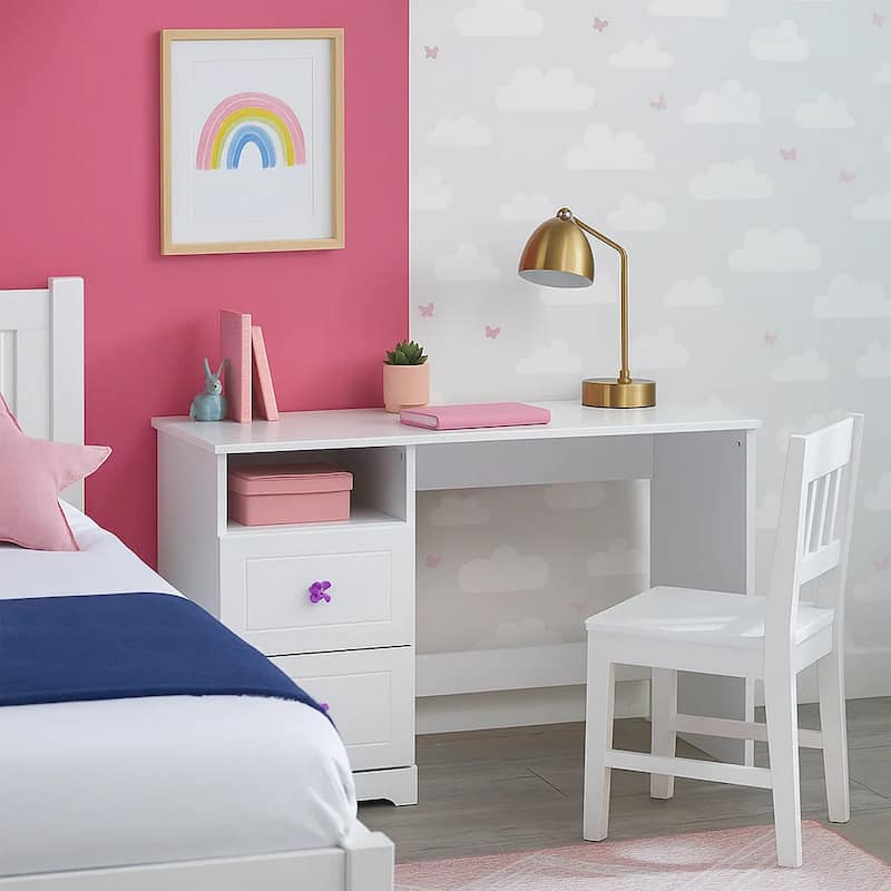 Wooden Table Desk with 2 Drawers and 1 Open Compartment, White