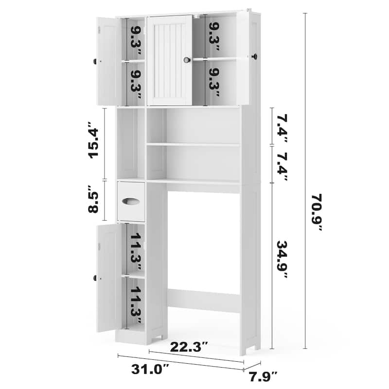 70" Freestanding Above Toilet Storage Cabinet, Adjustable Bathroom Shelving With Anti-Tip Devices