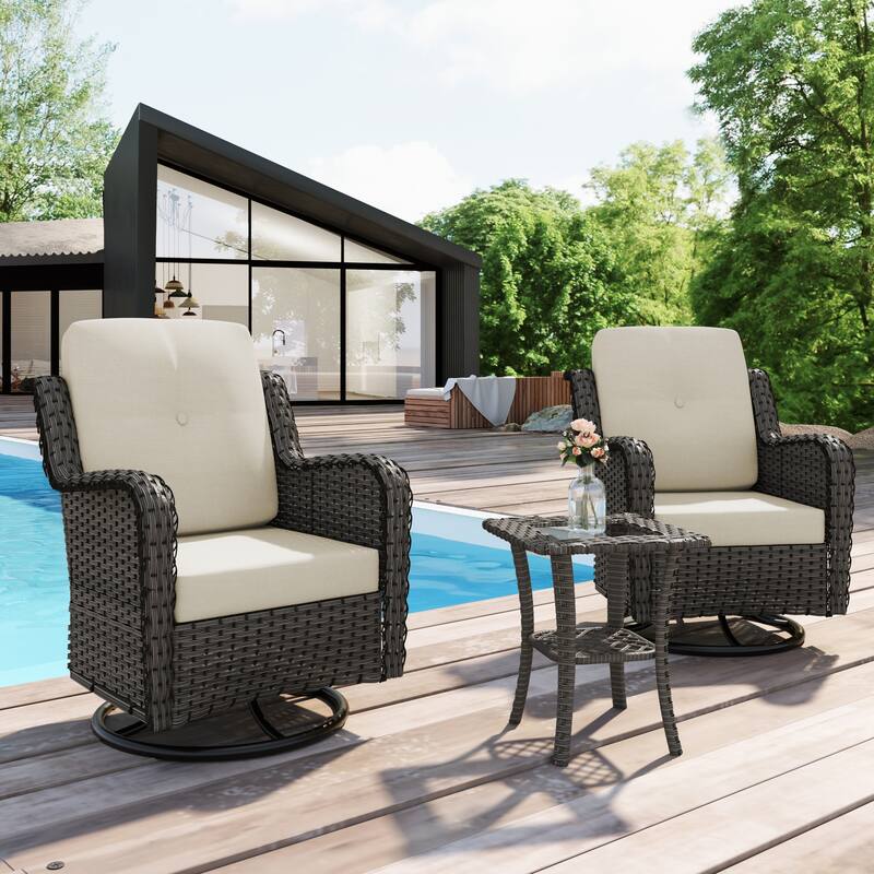 Outdoor 3 Pieces Rattan Wicker Bistro Set Swivel Rocker With Cushion & Table