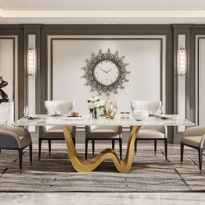79" Modern Dining Table for 8 Rectangle Dining Table, Luxury White & Gold Kitchen Table with Sintered Stone