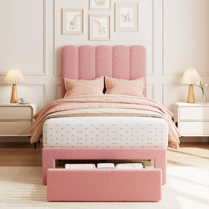 Twin Bed Frame with Under-Bed Drawer, Pink Boucle Upholstered Platform Bed with Wave Headboard for Kids/Girls