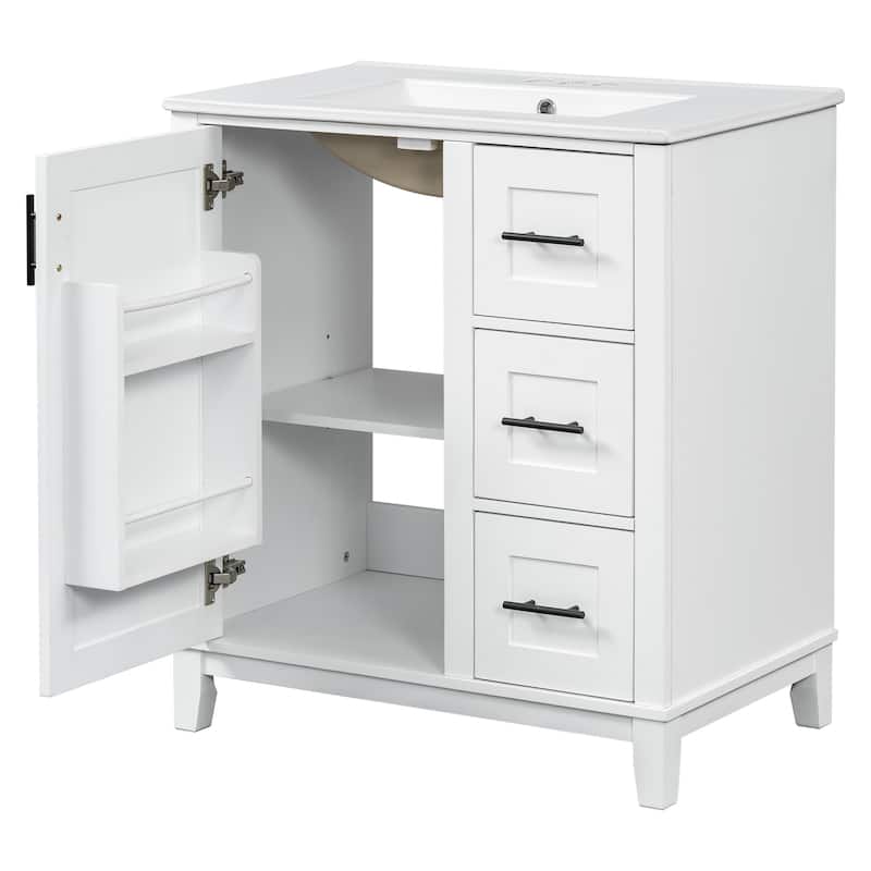 GDFStudio - Tim 30" Modern Bathroom Vanity with Ceramic Sink - Rubberwood Frame, 3 Drawers & Double-Rack Door, Soft-Close