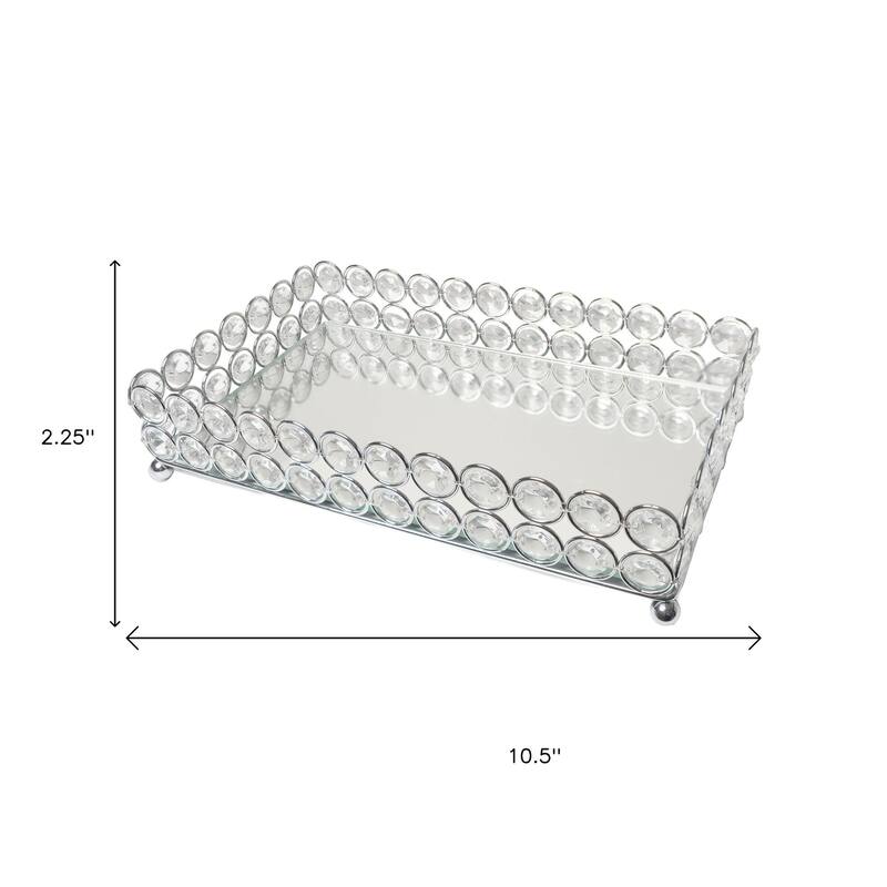 HomeRoots 11" Silver And Clear Faux Crystal Metal And Mirrored Glass Vanity Tray - 10.50 in. x 2.25 in. x 6.25 in.
