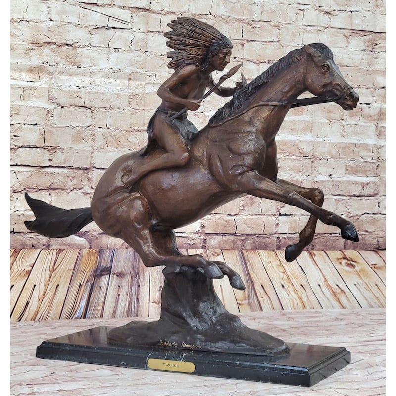 Frederic Remington Warrior Bronze Sculpture Statue Native American Headdress 20 Inches X 25 Inches