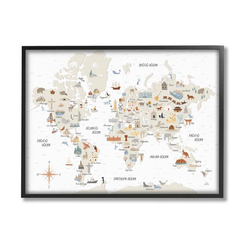 Stupell World Map of Destination Illustrations Soft Brown Tones Framed Wall Art - 20 x 16 - Black