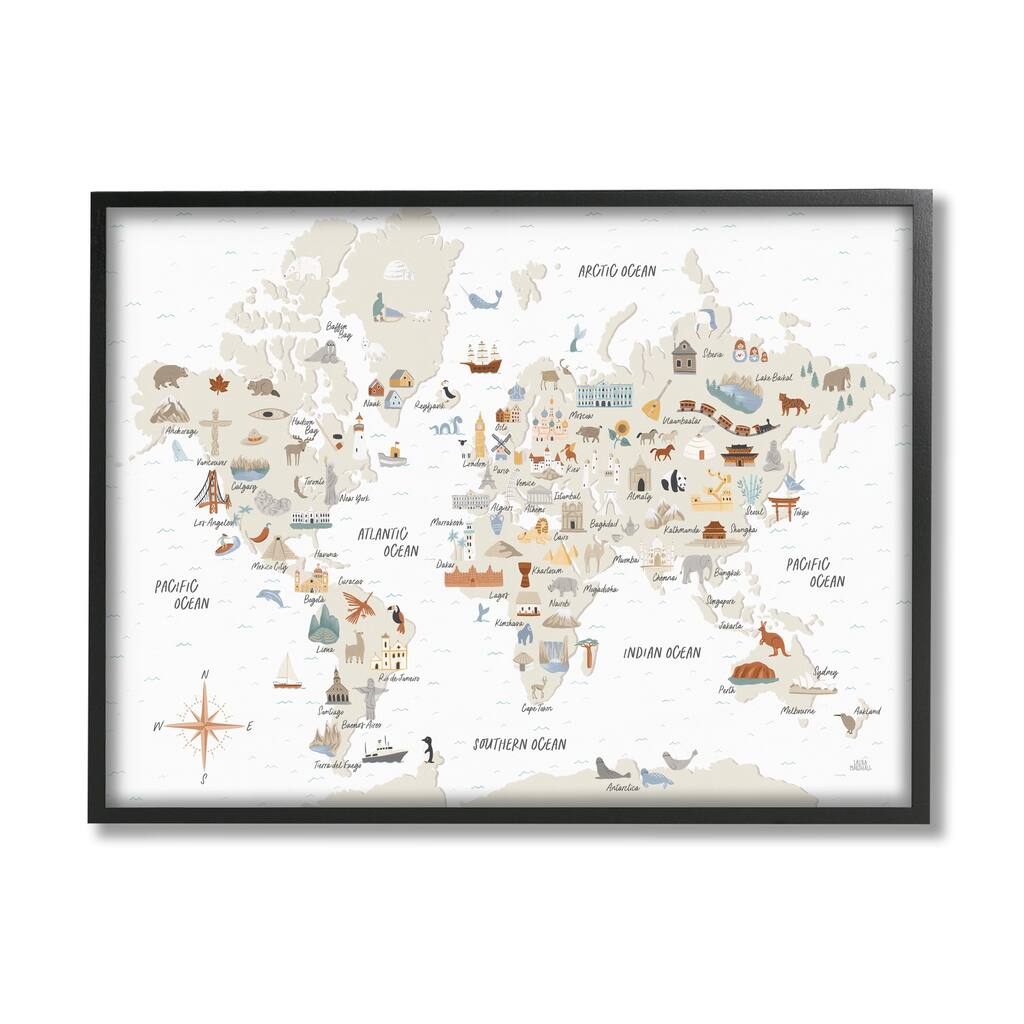 Stupell World Map of Destination Illustrations Soft Brown Tones Framed Wall Art