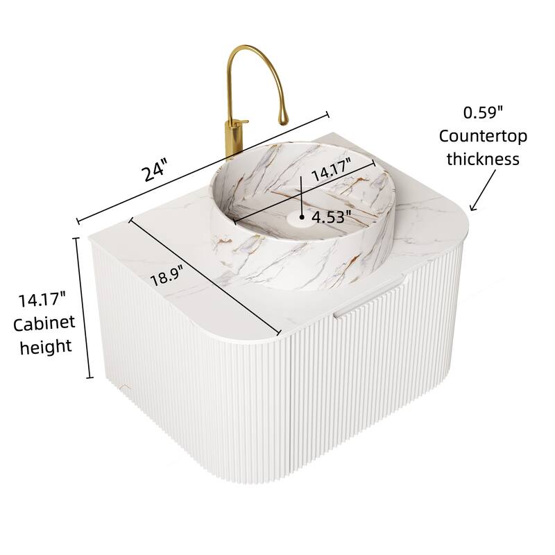 24 Inch/30 Inch/36 Inch Wall-Mounted Bathroom Vanity Cabinet with Counter Top Sink, Round Ceramic Basin with Stone Pattern