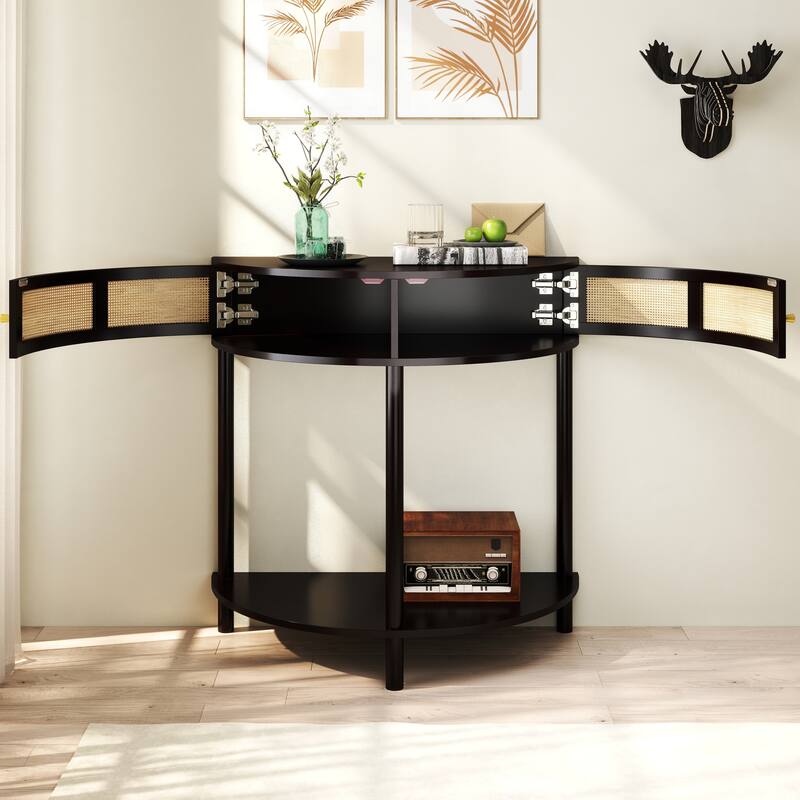 console table with two doors and open shelf
