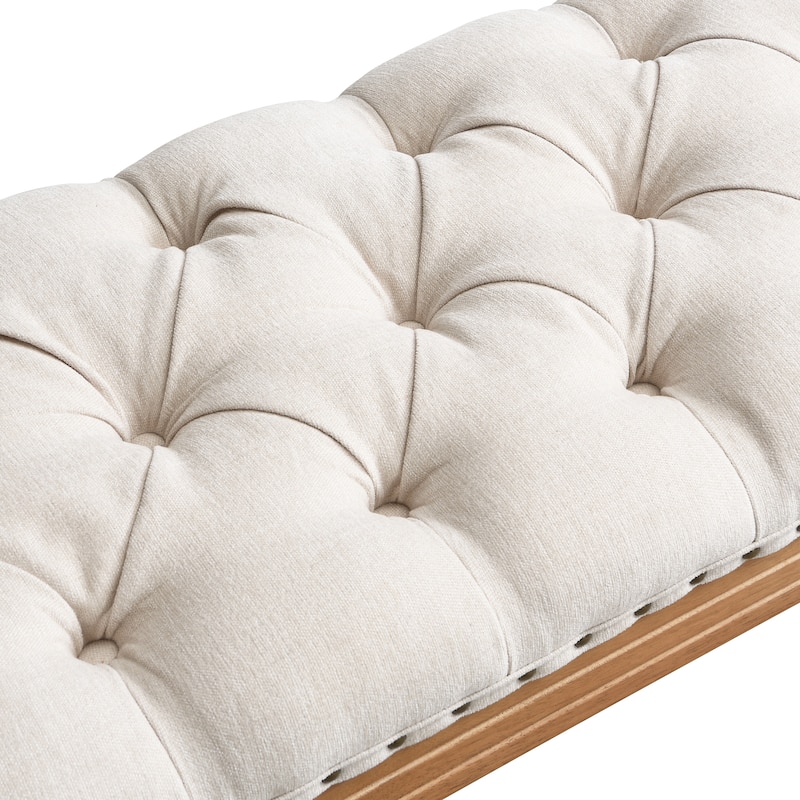 Christopher Knight Home - Mid-Century Solid Rubberwood Upholstered Bench with Rolled Arms, Button-Tufted Cushion & Nailhead Trim